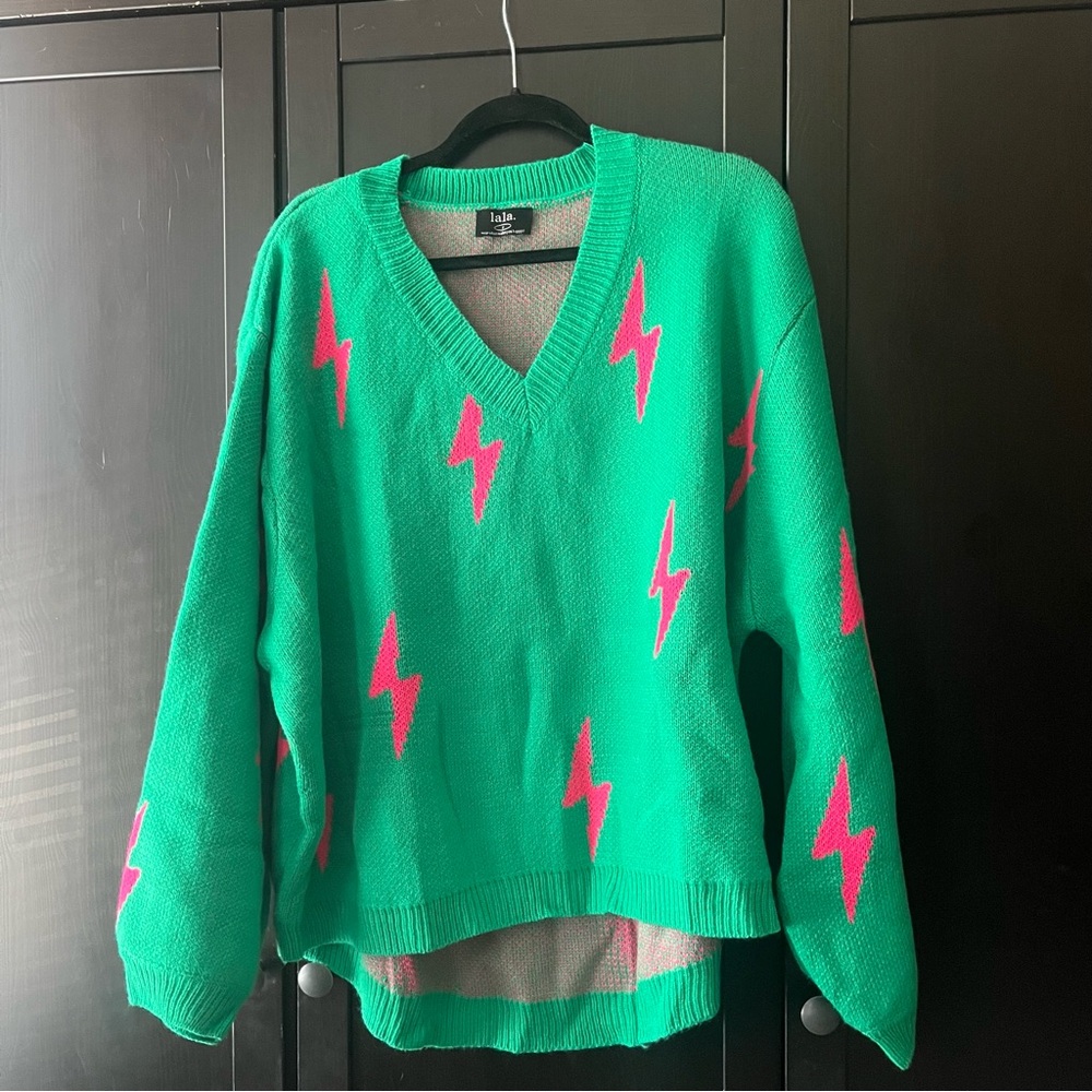 Dressed in LALA Green and Pink V-Neck Sweater